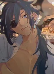 Rule 34 | 1boy, alcohol, blue eyes, blue hair, blurry, bokeh, cup, dark-skinned male, dark skin, depth of field, earrings, eyepatch, genshin impact, hair between eyes, highres, holding, holding cup, jewelry, kaeya (genshin impact), long hair, male focus, multicolored hair, nipples, open clothes, open mouth, open shirt, pectorals, rawr6180, shirt, single earring, solo, streaked hair, tongue, tongue out, white shirt