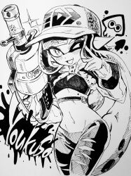 Rule 34 | .96 gal (splatoon), 1girl, baseball cap, belt, dokudami so, fang, greyscale, gun, hat, highres, holding, holding gun, holding weapon, inkling, inkling girl, inkling player character, long hair, monochrome, navel, nintendo, one eye closed, open mouth, pants, pointy ears, print headwear, simple background, skin fang, smile, solo, sparkle, splatoon (series), tentacle hair, torn clothes, torn pants, traditional media, very long hair, weapon, white background