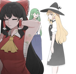 3girls ? apron armpits black_bow black_bowtie black_dress black_hair black_hat blonde_hair bow bowtie chest_sarashi dress frilled_apron frills green_hair green_lips hair_tubes hakurei_reimu hat highres kirisame_marisa kochiya_sanae lipstick_mark lipstick_mark_on_armpit lipstick_mark_on_neck long_hair looking_at_another mata_(matasoup) multiple_girls sarashi simple_background touhou white_background witch_hat yellow_eyes yuri