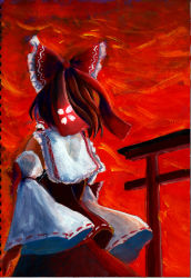 Rule 34 | 1girl, acrylic paint (medium), arms at sides, bow, brown hair, detached sleeves, fire, floral print, hair bow, hair tubes, hakurei reimu, highres, kachayori, painting (medium), red bow, red skirt, red sky, ribbon-trimmed clothes, ribbon-trimmed sleeves, ribbon trim, shirt, skirt, sky, sleeveless, sleeveless shirt, solo, torii, touhou, traditional media, wide sleeves, wind