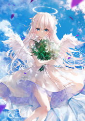 Rule 34 | 1girl, blue eyes, blue sky, blush, bouquet, bow, closed mouth, cloud, commentary request, day, dress, feathered wings, feet out of frame, flower, hair between eyes, hair bow, halo, long hair, hugging object, original, outdoors, pointy ears, sky, smile, solo, standing, standing on one leg, umino mizu, very long hair, white bow, white dress, white flower, white hair, white wings, wings