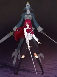 Rule 34 | 1girl, armband, armor, ascot, atlus, bad id, bad pixiv id, boots, bow, chain, crown, dual wielding, gloves, hair over one eye, high heels, highres, holding, kirijou mitsuru, knee boots, long hair, mask, monorino, penthesilea, penthisela, persona, persona 3, pleated skirt, rapier, red eyes, red hair, school uniform, shadow, shoes, skirt, standing, sword, wavy hair, weapon, wind