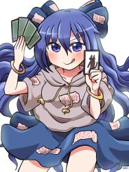 1girl :q ability_card_(touhou) blue_bow blue_eyes blue_hair blue_skirt blush bow card closed_mouth commentary_request cowboy_shot drawstring grey_hoodie hair_bow holding holding_card hood hood_down hoodie long_hair looking_at_viewer patch rokugou_daisuke short_sleeves signature skirt solo tongue tongue_out touhou v-shaped_eyebrows yorigami_shion