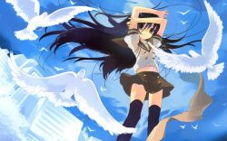 Rule 34 | 1girl, artist request, bird, black hair, building, buttons, character request, cloud, cloudy sky, copyright request, eyebrows, highres, long hair, looking at viewer, non-web source, school uniform, sky, solo, source request