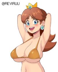 Rule 34 | 1girl, absurdres, armpits, arms behind head, artist name, bare arms, bare shoulders, bikini, blue eyes, blush, breasts, brown hair, cleavage, collarbone, crown, earrings, eyelashes, flipped hair, flower earrings, highres, jewelry, large breasts, lips, long hair, looking at viewer, mario (series), navel, nintendo, nose, open mouth, orange bikini, parted bangs, princess daisy, reviruu, smile, solo, super mario land, swimsuit, teeth, thick eyebrows, twitter username, upper body, upper teeth only