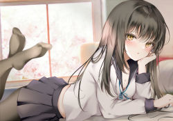 Rule 34 | 1girl, :o, bad id, bad pixiv id, black hair, black legwear, black skirt, blue ribbon, blurry, blurry background, blush, breasts, brown eyes, cleavage, commentary request, depth of field, hair between eyes, hand up, indoors, legs up, long sleeves, looking at viewer, lying, medium breasts, neck ribbon, no shoes, on stomach, original, parted lips, pleated skirt, pon (ponidrop), ribbon, skirt, solo, the pose, window