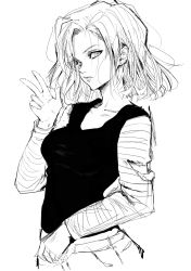 Rule 34 | 1girl, android 18, arm at side, black shirt, breasts, closed mouth, collarbone, cropped legs, denim, dragon ball, dragonball z, earrings, eyelashes, greyscale, hair behind ear, hair strand, hand up, inoitoh, jeans, jewelry, lips, long sleeves, medium breasts, medium hair, messy hair, monochrome, narrow waist, pants, serious, shirt, sideways glance, simple background, solo, straight hair, striped, striped sleeves, tsurime, v, white background