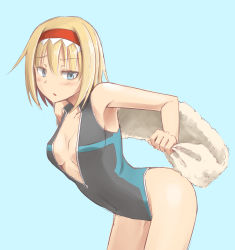 Rule 34 | 1girl, alice margatroid, arched back, baketsuya, blonde hair, blush, breasts, cleavage, front zipper swimsuit, hairband, highres, leaning forward, looking back, meme attire, one-piece swimsuit, short hair, simple background, solo, swimsuit, touhou, towel, unzipped