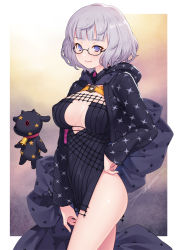 Rule 34 | 1girl, black dress, blush, breasts, cleavage, cropped jacket, dress, fate/grand order, fate (series), glasses, grey hair, highres, hood, hooded jacket, jacket, jacques de molay (foreigner) (fate), kazuma muramasa, lamb, large breasts, long sleeves, sheep, smile, thighs