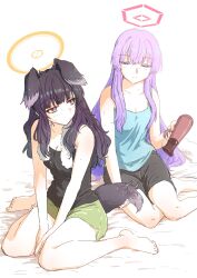 Rule 34 | 2girls, animal ears, barefoot, black hair, black shorts, blue archive, breasts, cleavage, closed mouth, dog ears, dog girl, dog tail, green shorts, hair dryer, halo, hariyaa, hibiki (blue archive), highres, holding, long hair, medium breasts, multiple girls, purple eyes, purple hair, shorts, simple background, sitting, small breasts, tail, tank top, towel, towel around neck, utaha (blue archive), wet, wet hair