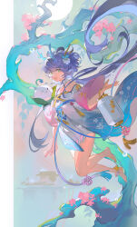 Rule 34 | 1girl, absurdres, anklet, bare legs, bare shoulders, barefoot, blue hair, cherry blossoms, chinese clothes, dragon horns, dress, floating hair, floral print, flower, full body, green eyes, hair flower, hair ornament, hair stick, highres, horns, jewelry, lantern, long hair, long sleeves, looking at viewer, low twintails, luo tianyi, multicolored clothes, off-shoulder dress, off shoulder, open mouth, paper lantern, purple hair, smile, tassel, teeth, tian dian, tree, twintails, upper teeth only, vocaloid, vsinger, water drop, white flower, wide sleeves, yunouou10