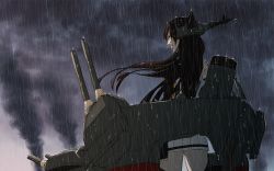 Rule 34 | 10s, 1girl, brown hair, cloud, dripping, gradient background, kantai collection, long hair, looking at viewer, looking back, nagato (kancolle), rain, smoke, solo, storm, yue (tada no saboten), yue (yueanh)