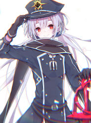 Rule 34 | 1girl, belt, black gloves, black scarf, buttons, comic, double-breasted, duel monster, gloves, grey hair, hat, hat tip, highres, holding, holding sword, holding weapon, long hair, mosui (kori can), planted, planted sword, planted weapon, red eyes, scarf, simple background, sky striker ace - roze, smile, solo, sword, twintails, upper body, weapon, white background, yu-gi-oh!