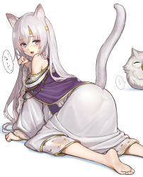 Rule 34 | ..., 1girl, animal ears, cat ears, cat tail, dress, feh (fire emblem heroes), fire emblem, fire emblem: genealogy of the holy war, fire emblem heroes, hiyashiru, julia (fire emblem), long hair, long sleeves, looking at viewer, nintendo, open mouth, paw pose, tail, white background, white dress, white hair, wide sleeves