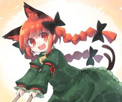 Rule 34 | 1girl, animal ear fluff, animal ears, bell, black bow, blunt bangs, bow, braid, cat day, cat ears, cat tail, commentary, dress, frills, green dress, hair bow, juliet sleeves, kaenbyou rin, kibisake, long hair, long sleeves, looking at viewer, multiple tails, open mouth, outstretched arms, pointy ears, puffy sleeves, pushing, red eyes, red hair, slit pupils, smile, solo, tail, touhou, twin braids, twintails, two tails, upper body