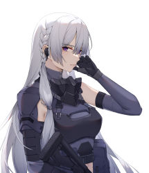 Rule 34 | 1girl, ak-15, ak-15 (girls&#039; frontline), assault rifle, black gloves, braid, breasts, earpiece, elbow gloves, girls&#039; frontline, gloves, gun, hand on own cheek, hand on own face, highres, holding, holding gun, holding weapon, kalashnikov rifle, long hair, looking at viewer, open mouth, parted lips, purple eyes, purple gloves, revision, rifle, side braid, silver hair, solo, tactical clothes, upper body, weapon, white background, wsfw