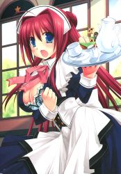 Rule 34 | 1girl, absurdres, blue eyes, breasts, cleavage, cup, d:, highres, large breasts, miyasu risa, open mouth, red hair, solo, teacup, teapot, tray, waitress