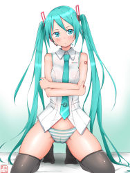 Rule 34 | 1girl, absurdres, amego, artist name, bare shoulders, black thighhighs, blue hair, blue necktie, blue panties, blush, breasts, cameltoe, cleft of venus, crossed arms, dated, earpiece, female focus, gradient background, hair ornament, hatsune miku, highres, jpeg artifacts, kneeling, long hair, looking at viewer, matching hair/eyes, necktie, number tattoo, open mouth, panties, parted lips, shirt, skindentation, sleeveless, sleeveless shirt, small breasts, solo, spread legs, striped clothes, striped panties, tattoo, thighhighs, translated, twintails, underwear, vocaloid, white background, white shirt