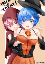 Rule 34 | 2girls, alternate costume, artist name, blue eyes, blue hair, grabbing another&#039;s breast, breasts, commentary request, covered mouth, d:, grabbing, hair ornament, hair over one eye, halloween, halloween costume, hat, medium breasts, multiple girls, murio, open mouth, pumpkin, ram (re:zero), re:zero kara hajimeru isekai seikatsu, red eyes, red hair, rem (re:zero), short hair, siblings, sisters, trick or treat, twins, x hair ornament