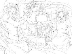 Rule 34 | 6+girls, adjusting clothes, adjusting gloves, apron, arm rest, bat wings, bow, braid, carrying, ceiling, closed eyes, female focus, fingerless gloves, flandre scarlet, flying, frown, gloves, greyscale, hair bow, hat, head wings, highres, hong meiling, ikuichi, izayoi sakuya, knife, koakuma, light smile, lineart, long hair, looking at viewer, maid headdress, mob cap, monochrome, moon, multiple girls, necktie, no nose, outstretched arm, parted lips, patchouli knowledge, princess carry, puffy short sleeves, puffy sleeves, remilia scarlet, ribbon, short hair, short sleeves, sitting, skirt, skirt set, sleeping, smile, throne, toromera, touhou, transparent background, twin braids, vest, waist apron, window, wings, wrist cuffs