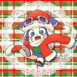 Rule 34 | appmon, christmas, digimon, fang, goggles, goggles on head, hat, offmon, open mouth, smile, solo