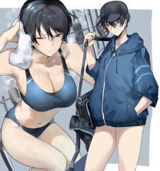 Rule 34 | 1girl, absurdres, armpits, bag, barbell, baseball cap, black bag, black hair, blue eyes, blue hoodie, blue jacket, blue sports bra, breasts, breath, cleavage, collarbone, commentary, commentary request, duffel bag, feet out of frame, hand in pocket, hat, highres, holding, holding bag, holding strap, hood, hoodie, jacket, kyoyakyo, large breasts, multiple views, navel, one eye closed, open bag, original, parted lips, power rack, punching bag, short hair, sports bikini, sports bra, standing, steaming body, sweat, symbol-only commentary, tomboy, towel, tsurime, zipper, zipper pull tab