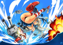Rule 34 | &gt; &lt;, 10s, 1girl, anchor, ass, black panties, blonde hair, blue eyes, cannon, closed eyes, elbow gloves, explosion, gloves, hair ornament, high heels, hm (hmongt), kantai collection, lifebuoy, long hair, miniskirt, ocean, panties, pantyshot, personification, red thighhighs, rensouhou-chan, shimakaze (kancolle), skirt, socks, striped clothes, striped thighhighs, swim ring, thighhighs, underwear, upskirt, white gloves