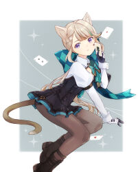 Rule 34 | 1girl, absurdres, ace (playing card), ace of diamonds, ace of hearts, animal ears, black footwear, black gloves, black leotard, boots, border, bow, brown pantyhose, card, cat ears, cat girl, cat tail, closed mouth, diamond (shape), expressionless, facial mark, foot out of frame, genshin impact, gloves, green bow, hair bow, hand up, heart, highres, holding, holding card, iroha (mimi0618xx), juliet sleeves, leotard, light brown hair, long hair, long sleeves, looking at viewer, lynette (genshin impact), multicolored hair, outside border, pantyhose, playing card, ponytail, puffy sleeves, purple eyes, solo, star (sky), star (symbol), star facial mark, streaked hair, swept bangs, tail, two-tone gloves, two of clubs, white border, white gloves