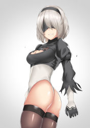Rule 34 | 1girl, :d, android, arms at sides, ass, black dress, black gloves, black hairband, black shirt, blindfold, breasts, brown thighhighs, cleavage, cleavage cutout, clothing cutout, covered eyes, cowboy shot, cropped shirt, dress, feather-trimmed sleeves, from side, gloves, gradient background, grey ribbon, groin, hair over eyes, hairband, highleg, highleg leotard, highres, juliet sleeves, legs together, leotard, lips, lipstick, long sleeves, looking at viewer, makeup, medium breasts, mole, mole under mouth, nier:automata, nier (series), no pants, open mouth, pink lips, puffy sleeves, ribbed dress, ribbed shirt, ribbon, ribbon-trimmed dress, ribbon trim, shirt, short hair, silver hair, skin tight, skindentation, smile, solo, spicy moo, standing, teeth, thighhighs, thighs, thong, thong leotard, turtleneck, vambraces, white leotard, white ribbon, 2b (nier:automata)