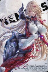 Rule 34 | 1girl, blonde hair, bodysuit, breasts, character name, closed mouth, cyborg, english text, finger gun, hair ornament, highres, lirenya, long hair, mechanical parts, nemesis (tower of fantasy), paid reward available, red eyes, shattered, solo, tower of fantasy, watermark