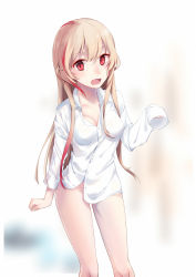 Rule 34 | 1girl, alternate costume, blurry, blurry background, blush, breasts, cleavage, collarbone, covered erect nipples, fang, girls&#039; frontline, groin, hair between eyes, highres, long hair, looking at viewer, m4 sopmod ii (girls&#039; frontline), medium breasts, multicolored hair, naked shirt, no bra, no panties, open mouth, paw pose, pink hair, red eyes, red hair, shirt, sidelocks, sleeves past wrists, solo, standing, streaked hair, thighs, yorktown cv-5