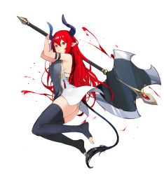 Rule 34 | 1girl, absurdres, axe, battle axe, blood, breasts, closed mouth, dress, hair between eyes, hands up, highres, holding, holding axe, holding weapon, horns, jumping, long hair, medium breasts, midair, original, red eyes, red hair, ryou (ponpgo), simple background, solo, tail, thighhighs, thighs, toeless legwear, weapon, white background