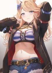 Rule 34 | 1girl, animal ears, arms up, bandeau, belt, black belt, black jacket, blonde hair, blue bow, blue eyes, bow, breasts, chain, commentary request, cutoffs, denim, denim shorts, ear bow, gold chain, gold city (umamusume), highres, horse ears, horse girl, jacket, long hair, long sleeves, looking at viewer, medium breasts, midriff, navel, open clothes, open jacket, short shorts, shorts, sidelocks, smile, sola (solo0730), solo, standing, striped bandeau, swept bangs, torn clothes, torn shorts, umamusume
