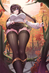 Rule 34 | 1girl, belt, black hair, black panties, black skirt, black thighhighs, blue eyes, branch, breasts, breasts apart, brown belt, closed mouth, detached sleeves, dot nose, elf, feet out of frame, frilled skirt, frills, from below, hair between eyes, hair ornament, heart o-ring, highres, holding, large breasts, legs, long hair, looking to the side, meme attire, nanoda002 (saber427), original, outdoors, panties, pantyshot, pointy ears, signature, skirt, smile, solo, sweater, thighhighs, thighs, tree, tree stump, underwear, walking, white sleeves, white sweater, x hair ornament