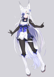 Rule 34 | 1girl, absurdres, anchor hair ornament, animal ear fluff, animal ears, aqua eyes, azur lane, blue skirt, bodysuit, boots, bow, buttons, closed mouth, double-breasted, expressionless, fox ears, fox girl, frilled skirt, frills, full body, grey background, hair ornament, hair over one eye, highres, kasumi (azur lane), kasumi (retrofit) (azur lane), knee boots, kuyoumi, legs apart, long hair, looking to the side, one eye covered, parted bangs, retrofit (azur lane), sidelocks, simple background, skin tight, skirt, solo, thigh strap, very long hair, white hair, x hair ornament