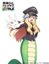 Rule 34 | 1girl, 4frogsinc, blonde hair, blue eyes, blush, eyebrows hidden by hair, fang, gloves, hair ribbon, hand on own hip, hat, jashin-chan, jashin-chan dropkick, lamia, long hair, looking at viewer, military, military hat, military uniform, monocle, monster girl, open mouth, ribbon, simple background, solo, uniform, white background, white gloves