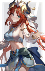Rule 34 | 1girl, absurdres, blue eyes, blue skirt, blush, breasts, brooch, cowboy shot, detached sleeves, floating hair, forehead jewel, genshin impact, gold trim, grin, harem outfit, highres, horns, jewelry, kabi (zcwd8845), looking at viewer, low twintails, medium breasts, midriff, navel, nilou (genshin impact), outstretched hand, parted bangs, parted lips, red hair, see-through, see-through sleeves, shirt, sidelocks, skirt, sleeveless, sleeveless shirt, smile, stomach, thighs, twintails, veil, vision (genshin impact), white headdress, white sleeves