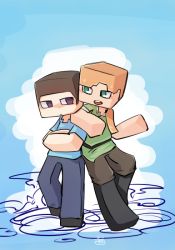 Rule 34 | 1boy, 1girl, 4koma, alex (minecraft), arm support, black footwear, blue pants, blue shirt, blush stickers, boots, brown hair, brown pants, comic, crossed arms, full body, green eyes, knee boots, leaning, long hair, low ponytail, minecraft, open mouth, pants, round teeth, shaded face, shirt, short sleeves, standing, steve (minecraft), teeth, two-tone background, yasumono