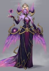 Rule 34 | 1girl, alternate costume, ball, black dress, black sclera, blonde hair, breasts, cleavage, collin ha, colored sclera, colored skin, cowboy shot, dark cosmic (league of legends), dress, grey background, hand up, highres, holding, holding ball, league of legends, magic, medium breasts, morgana (league of legends), multicolored hair, orange eyes, parted bangs, pink hair, pink skin, purple dress, shiny skin, simple background, solo, two-tone hair, wings