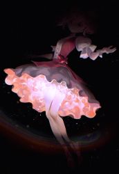 Rule 34 | 1girl, ballet slippers, black background, bow, bubble skirt, buttons, chinese commentary, commentary request, dark, dress, dress bow, expressionless, film grain, frilled skirt, frills, full body, glowing, glowing clothes, highres, kaname madoka, light particles, mahou shoujo madoka magica, mahou shoujo madoka magica (anime), outstretched arms, parted lips, pink dress, pink hair, puffy short sleeves, puffy sleeves, red footwear, short hair, short sleeves, short twintails, skirt, solo, spread arms, surreal, twintails, yu qing