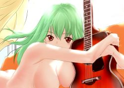 Rule 34 | 1girl, acoustic guitar, breasts, brown eyes, casual nudity, couch, curtains, green hair, guitar, instrument, kouno aron, long hair, nude, hugging object, original, solo