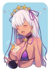 Rule 34 | 1boy, 1girl, ^ ^, anger vein, bare shoulders, bb (fate), bb (fate) (all), bb (fate/extra), bb (swimsuit mooncancer) (fate), bb (swimsuit mooncancer) (second ascension) (fate), between breasts, bikini, black gloves, blue background, blush, border, breasts, cleavage, closed eyes, collarbone, earrings, fate/extra, fate/grand order, fate (series), fingerless gloves, gloves, gyaru, hair ornament, hair over one eye, hair ribbon, hairband, jewelry, large breasts, long hair, neck ribbon, open mouth, orange hair, pig, purple bikini, purple hair, purple ribbon, ribbon, robin hood (fate), simple background, smile, star (symbol), star earrings, star hair ornament, swimsuit, tan, very long hair, vivi (eve no hakoniwa), white background, white border