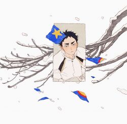 Rule 34 | 1boy, akaashi keiji, black hair, blue eyes, branch, chengongzi123, chinese commentary, closed mouth, collared jacket, commentary request, from above, haikyuu!!, highres, jacket, long sleeves, looking at viewer, male focus, shoes, short hair, simple background, sneakers, snow, snowing, upper body, very short hair, white background, white footwear, white jacket
