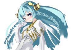 Rule 34 | 00s, 1girl, ar tonelico, ar tonelico i, blue eyes, blue hair, blush, braid, closed mouth, female focus, floating hair, gust, hand in own hair, head tilt, juliet sleeves, long hair, long sleeves, looking at viewer, matching hair/eyes, puffy long sleeves, puffy sleeves, shurelia (ar tonelico), simple background, smile, solo, upper body, ushiki yoshitaka, very long hair, white background, wind