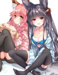 Rule 34 | 10s, 2girls, alternate costume, animal ears, bell, black hair, black legwear, black scrunchie, blue bra, blush, bra, breasts, cleavage, collarbone, contemporary, crossover, erune, fate/extra, fate/grand order, fate (series), fox ears, fox tail, granblue fantasy, hair bell, hair ornament, highres, hood, hoodie, hugging object, jewelry, long hair, looking at viewer, loungewear, matching outfits, medium breasts, multiple girls, nail polish, necklace, no shoes, official alternate costume, parted lips, pink hair, pink nails, red eyes, reina (black spider), scrunchie, smile, striped clothes, striped hoodie, stuffed toy, tail, tamamo (fate), tamamo no mae (fate/extra), tamamo no mae (spring casual) (fate), thighhighs, underwear, white background, yellow eyes, yuel (granblue fantasy)