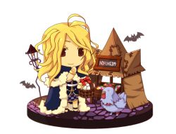 Rule 34 | 1girl, alternate color, basket, bat (animal), bird, blonde hair, blue cape, blue shirt, bow, brown hair, candle, cape, chibi, chicken, closed mouth, commentary request, egg, endo mame, full body, fur-trimmed cape, fur trim, lamppost, long hair, looking afar, messy hair, purple skirt, ragnarok online, red bow, shirt, skirt, smile, standing, white background, wizard (ragnarok online)