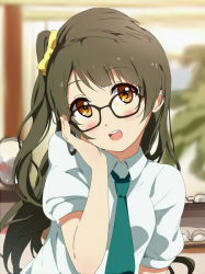 Rule 34 | 10s, 1girl, bespectacled, brown eyes, brown hair, glasses, half updo, long hair, looking at viewer, love live!, love live! school idol project, minami kotori, ogipote, open mouth, school uniform, side ponytail, smile, solo