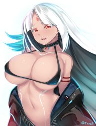 Rule 34 | 1girl, azur lane, bare shoulders, bikini, bikini top only, bikini under clothes, black hair, black jacket, breasts, cleavage, collarbone, commentary request, half-closed eyes, highres, jacket, large breasts, long hair, long sleeves, looking at viewer, massachusetts (azur lane), micro bikini, micro bikini top, multicolored hair, native american, navel, open clothes, open mouth, red eyes, shiki (psychedelic g2), silver hair, simple background, smile, solo, stomach, swimsuit, swimsuit under clothes, tan, teeth, twitter username, unzipped, upper teeth only, white background, zipper