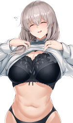 Rule 34 | 1girl, absurdres, black bra, black panties, blush, bra, breasts, cleavage, closed eyes, clothes lift, grey hair, hair over shoulder, hexagon print, highres, jewelry, lace, lace-trimmed bra, lace trim, large breasts, long hair, maruyaa (malya1006), mature female, navel, open mouth, panties, ring, shirt lift, solo, sweater, underwear, uzaki-chan wa asobitai!, uzaki tsuki, white sweater