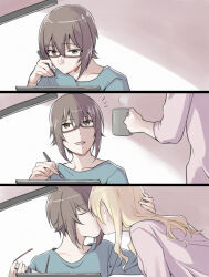 Rule 34 | 2girls, alternate hairstyle, bespectacled, black-framed eyewear, blue shirt, casual, closed eyes, commentary, cup, darjeeling (girls und panzer), girls und panzer, glasses, hair down, hand on another&#039;s head, holding, holding cup, holding pencil, kiss, leaning forward, long hair, looking at another, multiple girls, nishizumi maho, notice lines, open mouth, pencil, pink shirt, semi-rimless eyewear, shirt, short hair, smile, under-rim eyewear, yuri, yuuhi (arcadia)